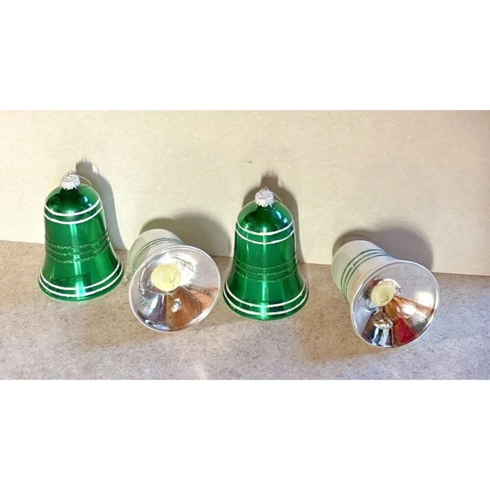 5 Hand Painted Glass Bells & 1 Gold Filigree Ball Christmas Ornaments Glitter
